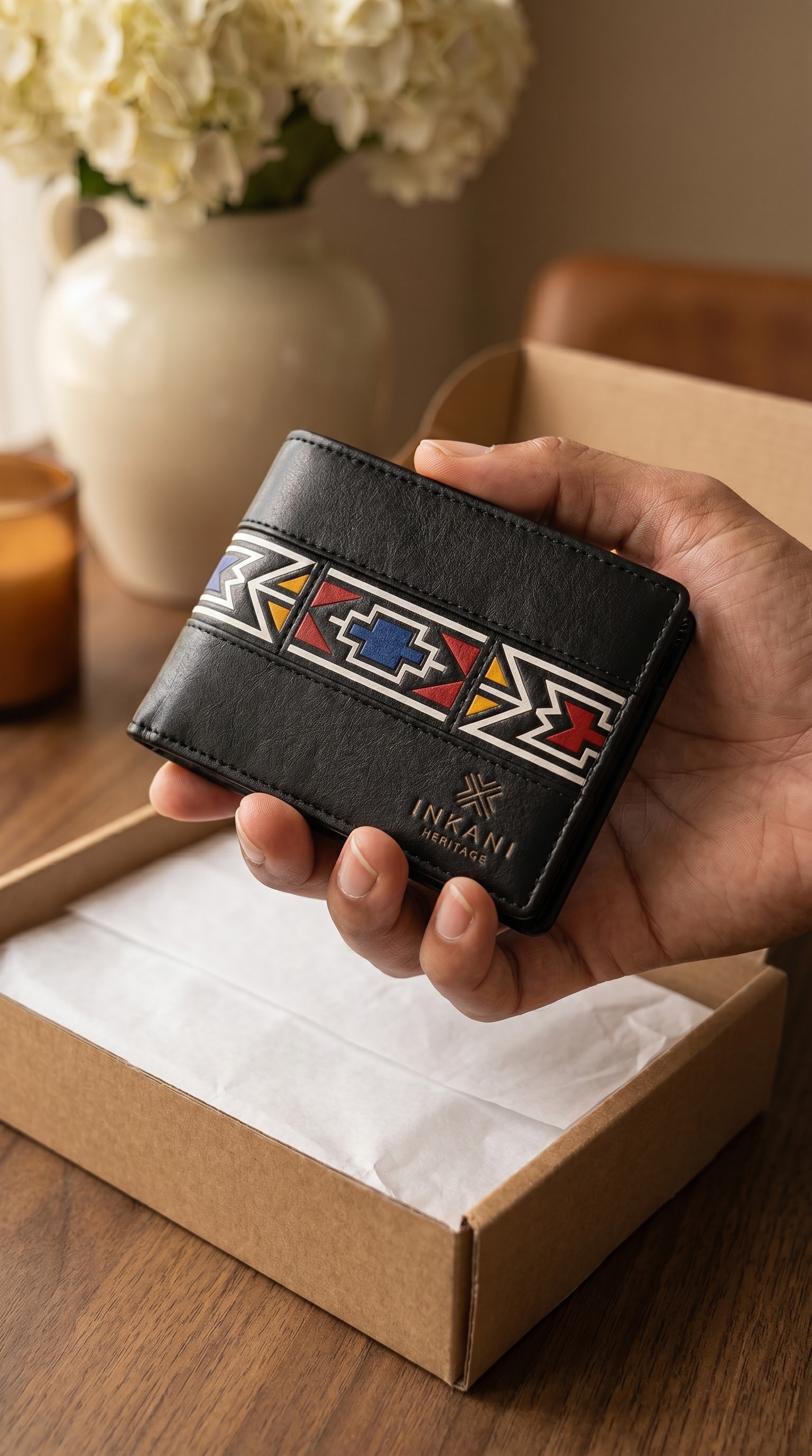 Inkani Heritage black wallet with geometric pattern